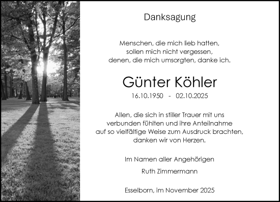 Traueranzeige von Günter Köhler von Allgemeine Zeitung Alzey