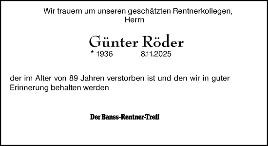 Traueranzeige von Günter Röder von Hinterländer Anzeiger