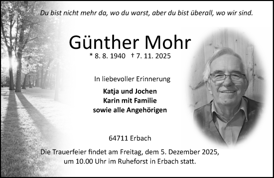 Traueranzeige von Günther Mohr von Odenwälder Echo