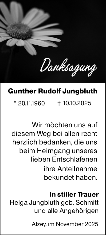 Traueranzeige von Gunther Rudolf Jungbluth von Allgemeine Zeitung Alzey