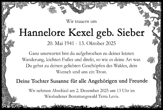 Traueranzeige von Hannelore Kexel von Wiesbadener Kurier