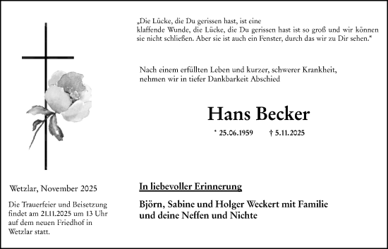 Traueranzeige von Hans Becker von Wetzlarer Neue Zeitung