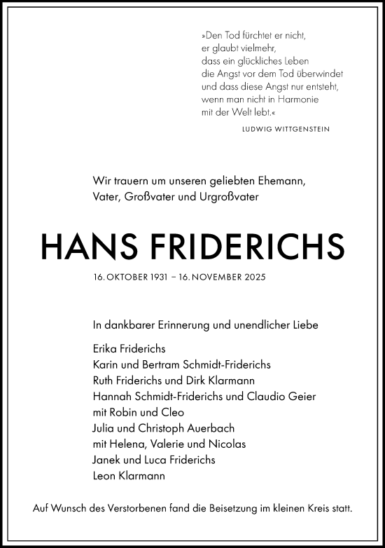 Traueranzeige von Hans Friderichs von Allgemeine Zeitung Mainz