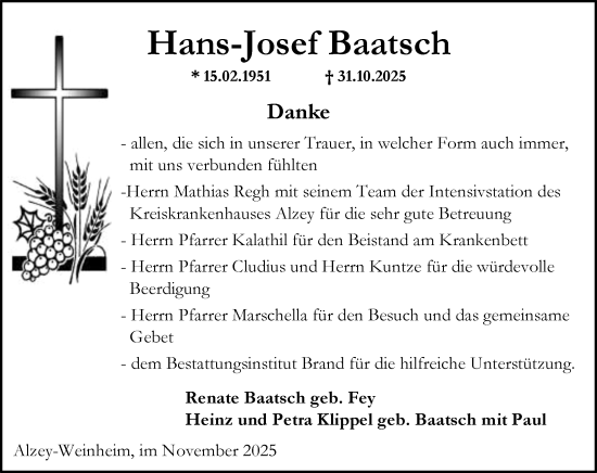 Traueranzeige von Hans-Josef Baatsch von Allgemeine Zeitung Alzey