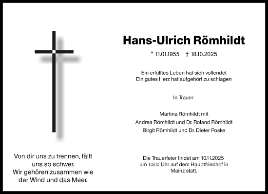 Traueranzeige von Hans-Ulrich Römhildt von Allgemeine Zeitung Mainz