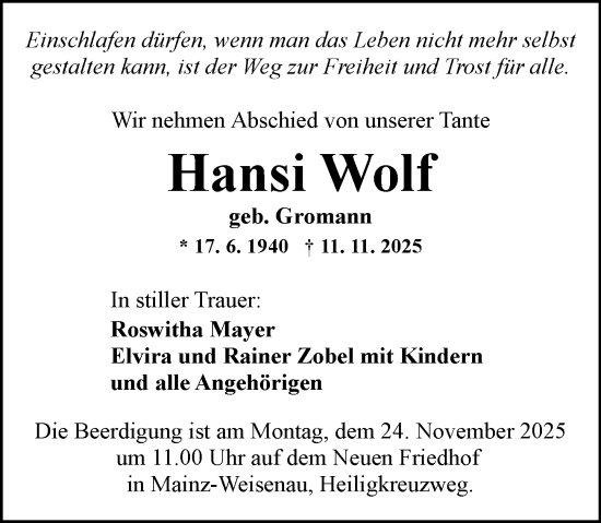 Traueranzeige von Hansi Wolf von Allgemeine Zeitung Mainz