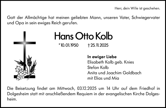 Traueranzeige von Hans Otto Kolb von Allgemeine Zeitung Mainz