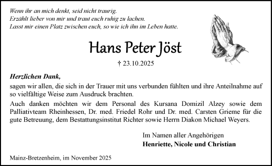 Traueranzeige von Hans Peter Jöst von Allgemeine Zeitung Mainz