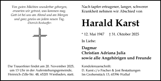 Traueranzeige von Harald Karst von Wiesbadener Kurier