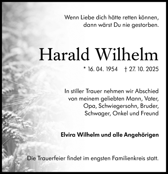 Traueranzeige von Harald Wilhelm von Darmstädter Echo