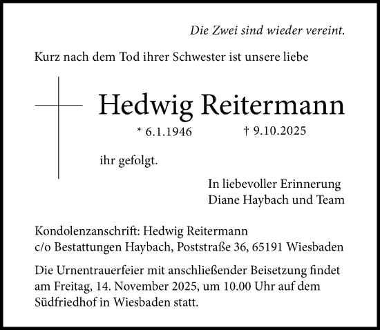 Traueranzeige von Hedwig Reitermann von Wiesbadener Kurier