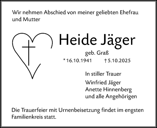 Traueranzeige von Heide Jäger von Dieburger Anzeiger/Groß-Zimmerner Lokal-Anzeiger