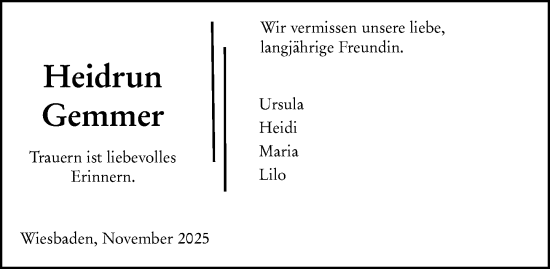 Traueranzeige von Heidrun Ursula Gemmer von Wiesbadener Kurier
