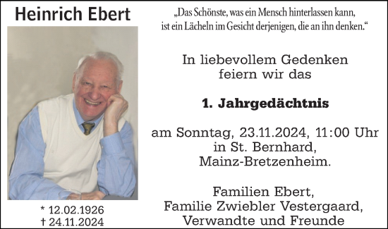 Traueranzeige von Heinrich Ebert von Allgemeine Zeitung Mainz