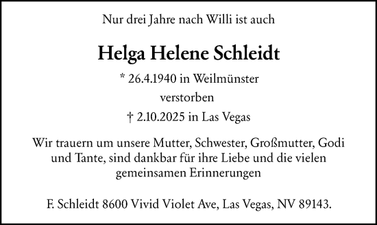Traueranzeige von Helga Helene Schleidt von Rüsselsheimer Echo