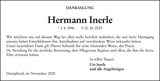Traueranzeige von Hermann Inerle von Hinterländer Anzeiger