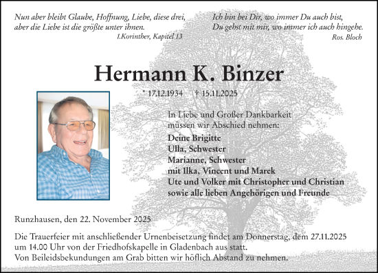 Traueranzeige von Hermann K. Binzer von Hinterländer Anzeiger