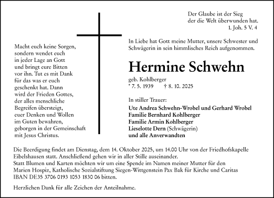 Traueranzeige von Hermine Schwehn von Dill Block
