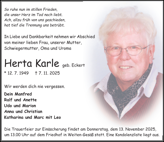 Traueranzeige von Herta Karle von Odenwälder Echo