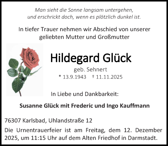 Traueranzeige von Hildegard Glück von Darmstädter Echo
