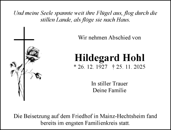 Traueranzeige von Hildegard Hohl von Allgemeine Zeitung Mainz