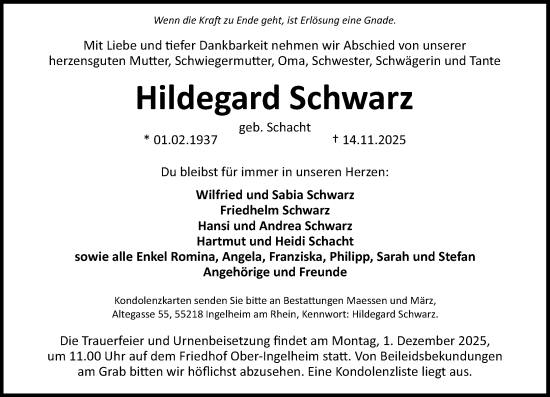 Traueranzeige von Hildegard Schwarz von Allgemeine Zeitung Rheinhessen-Nahe