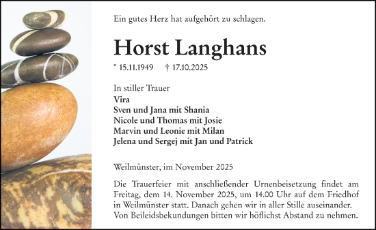 Traueranzeige von Horst Langhans von Weilburger Tageblatt