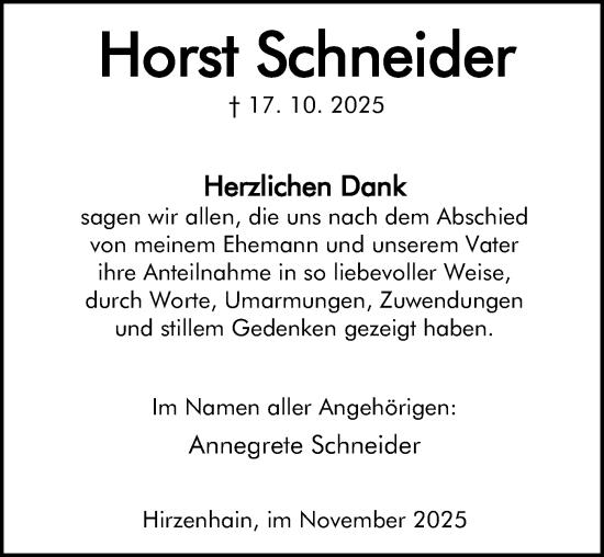Traueranzeige von Horst Schneider von Dill Block