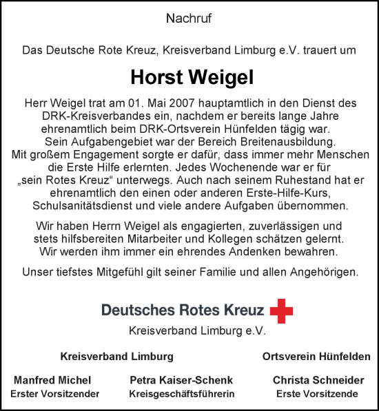 Traueranzeige von Horst Weigel von Nassauische Neue Presse