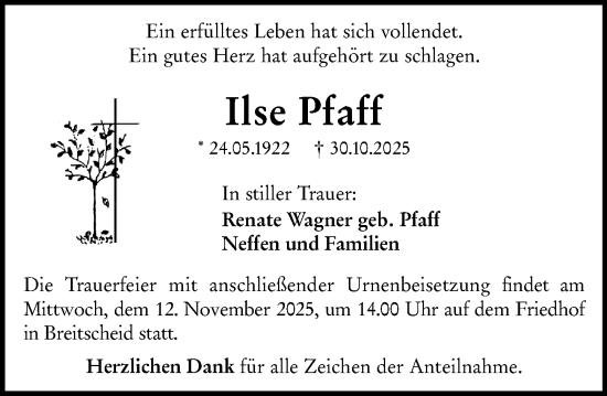Traueranzeige von Ilse Pfaff von Dill Block