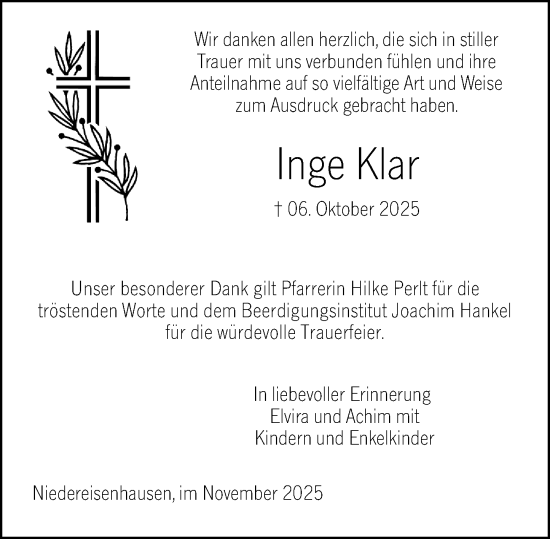 Traueranzeige von Inge Klar von Hinterländer Anzeiger