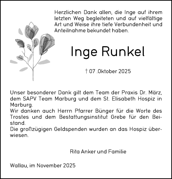 Traueranzeige von Inge Runkel von Hinterländer Anzeiger