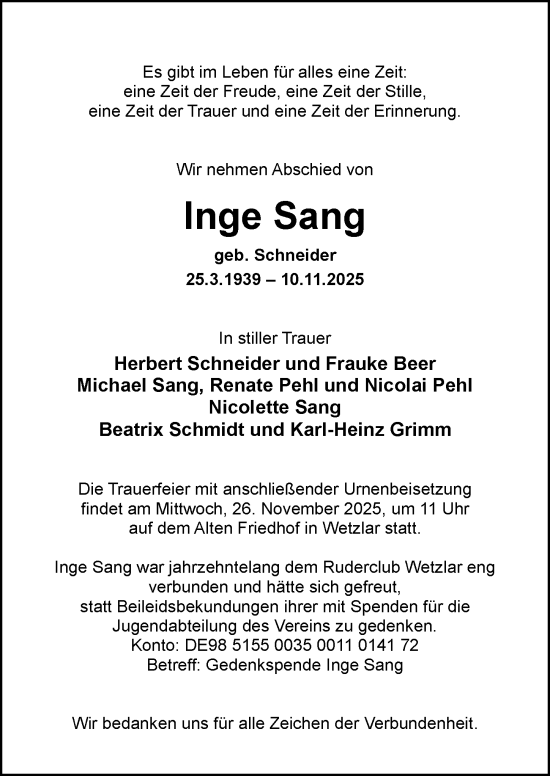 Traueranzeige von Inge Sang von Wetzlarer Neue Zeitung