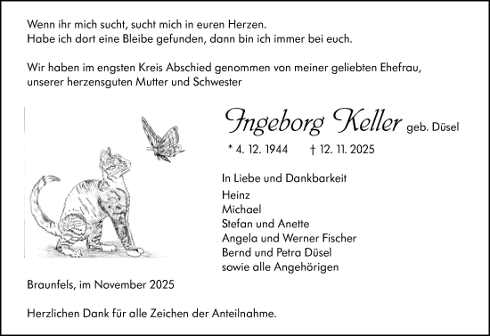 Traueranzeige von Ingeborg Keller von Wetzlarer Neue Zeitung