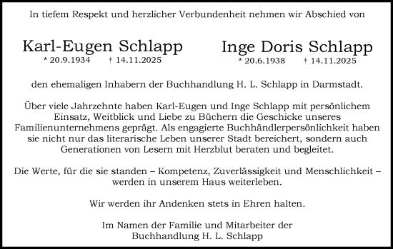 Traueranzeige von Inge Doris Schlapp von Darmstädter Echo
