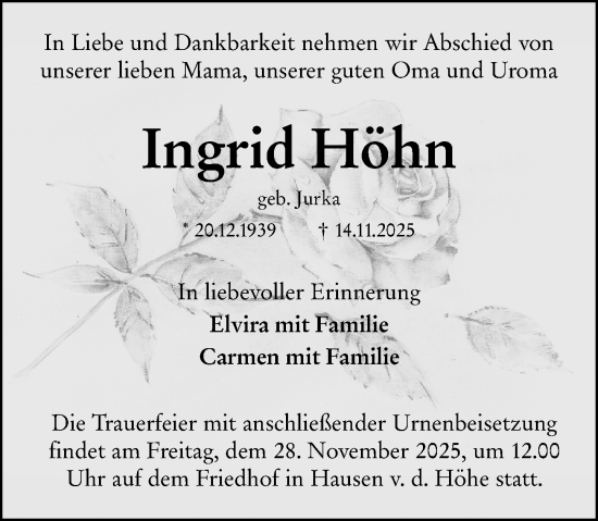 Traueranzeige von Ingrid Höhn von Wiesbadener Kurier