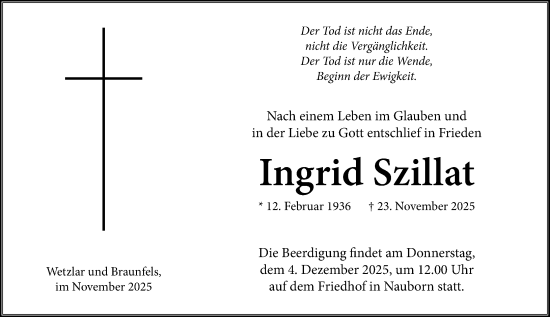 Traueranzeige von Ingrid Szillat von Wetzlarer Neue Zeitung