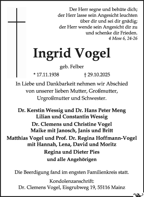 Traueranzeige von Ingrid Vogel von Allgemeine Zeitung Mainz