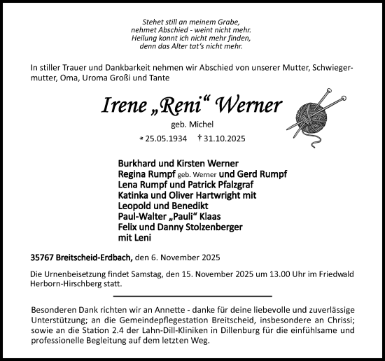 Traueranzeige von Irene Werner von Dill Block
