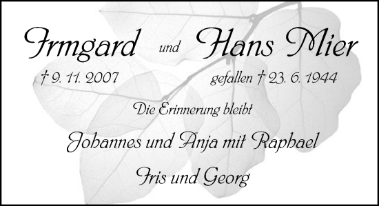 Traueranzeige von Irmgard Hansmeier von Wetzlarer Neue Zeitung