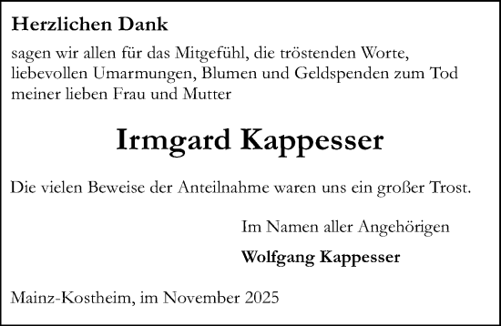 Traueranzeige von Irmgard Kappesser von Allgemeine Zeitung Mainz