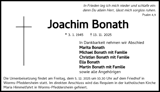 Traueranzeige von Joachim Bonath von Wormser Zeitung