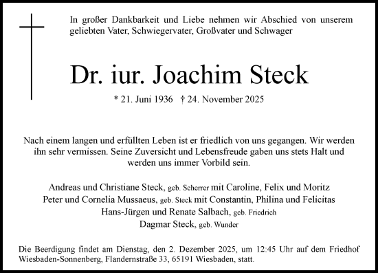 Traueranzeige von Joachim Steck von Wiesbadener Kurier
