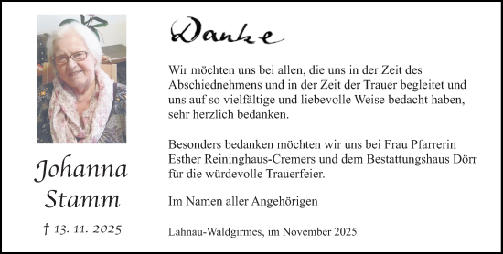 Traueranzeige von Johanna Stamm von Wetzlarer Neue Zeitung