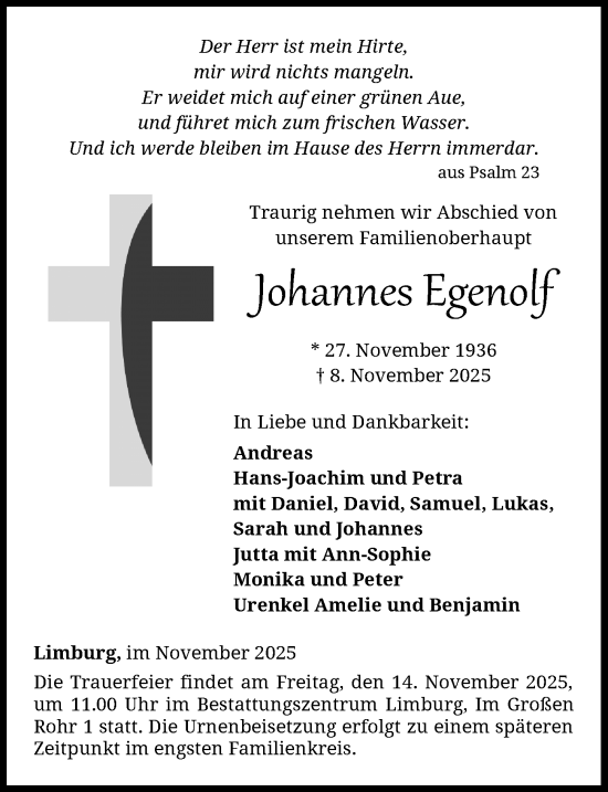 Traueranzeige von Johannes Egenolf von Nassauische Neue Presse