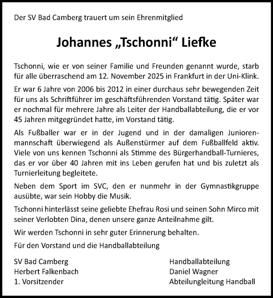 Traueranzeige von Johannes Liefke von Camberger Anzeiger