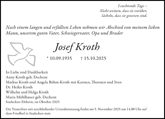 Traueranzeige von Josef Kroth von Allgemeine Zeitung Mainz
