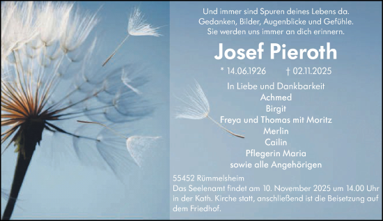 Traueranzeige von Josef Pieroth von Allgemeine Zeitung Rheinhessen-Nahe