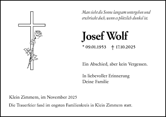 Traueranzeige von Josef Wolf von Dieburger Anzeiger/Groß-Zimmerner Lokal-Anzeiger