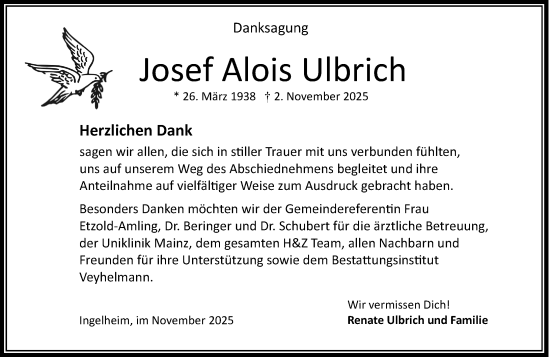 Traueranzeige von Josef Alois Ulbrich von Allgemeine Zeitung Rheinhessen-Nahe